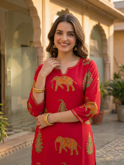 Rani Pink Ethnic Printed Kurta Set with Straight Pant & Dupatta