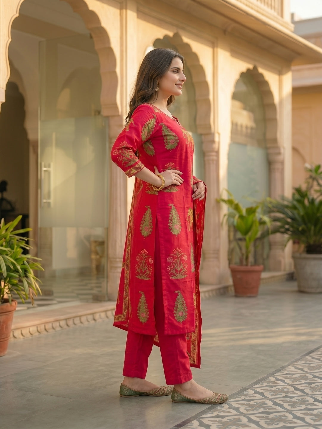 Rani Pink Ethnic Printed Kurta Set with Straight Pant & Dupatta
