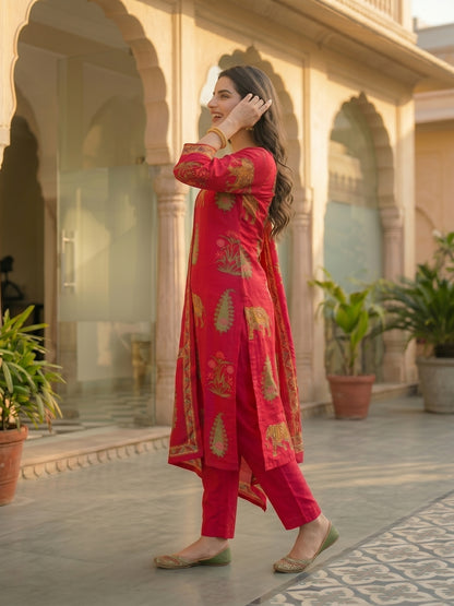Rani Pink Ethnic Printed Kurta Set with Straight Pant & Dupatta