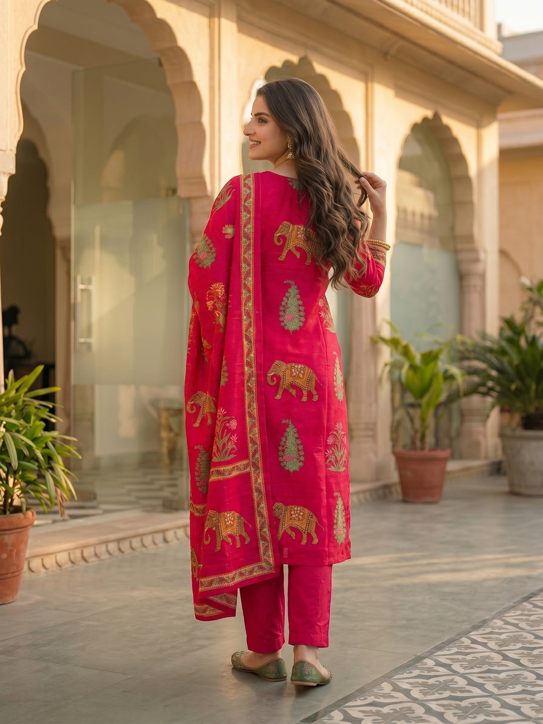 Rani Pink Ethnic Printed Kurta Set with Straight Pant & Dupatta
