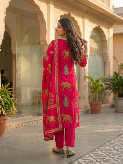 Rani Pink Ethnic Printed Kurta Set with Straight Pant & Dupatta