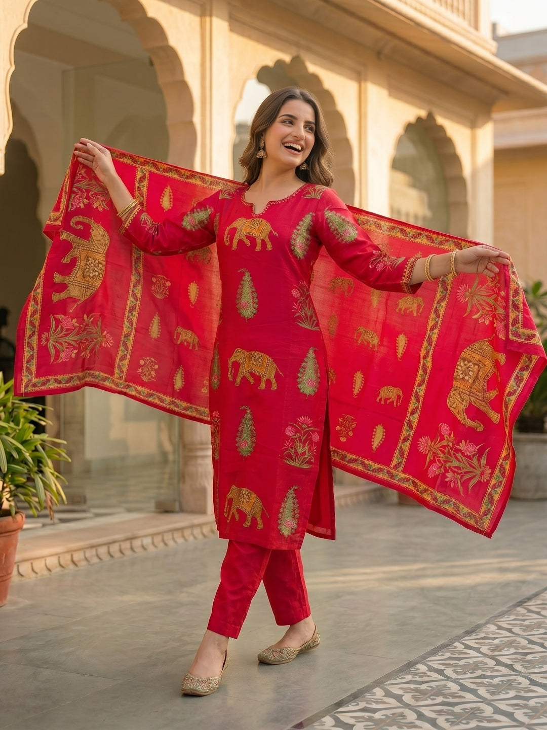 Rani Pink Ethnic Printed Kurta Set with Straight Pant & Dupatta