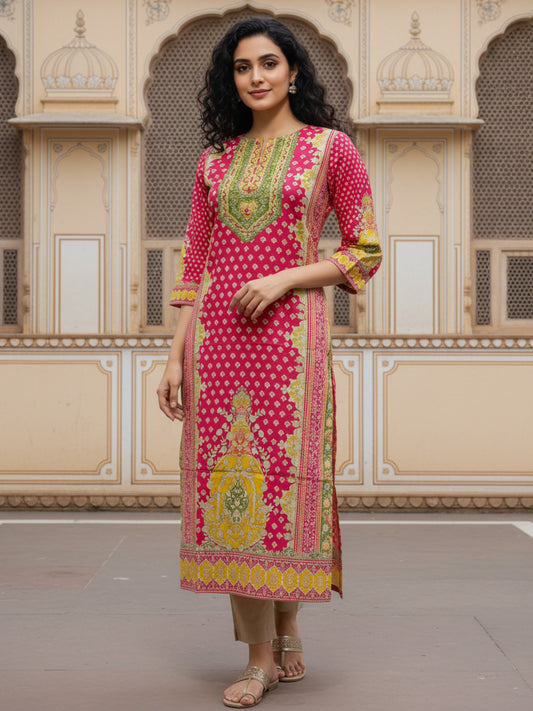 Ethnic Printed Mirror Work & Sequin Straight Kurta - Pink