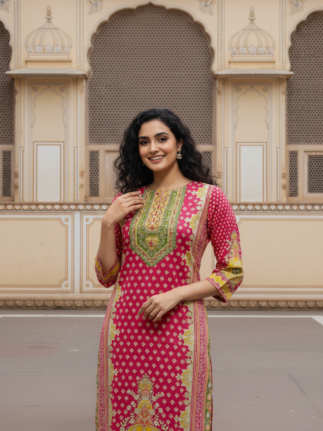 Ethnic Printed Mirror Work & Sequin Straight Kurta - Pink