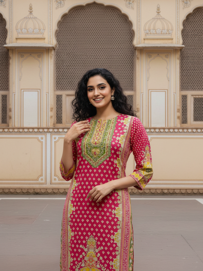 Ethnic Printed Mirror Work & Sequin Straight Kurta - Pink