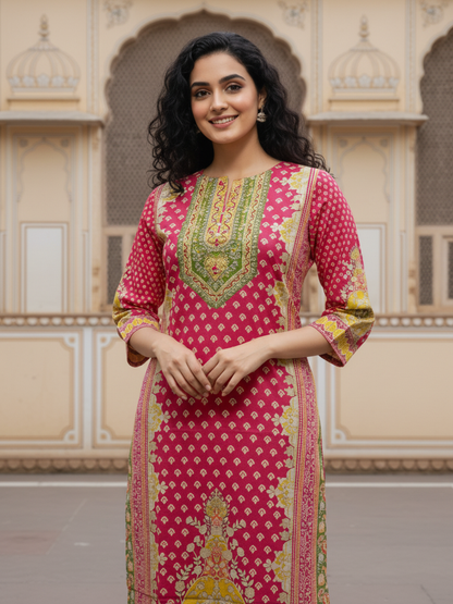 Ethnic Printed Mirror Work & Sequin Straight Kurta - Pink