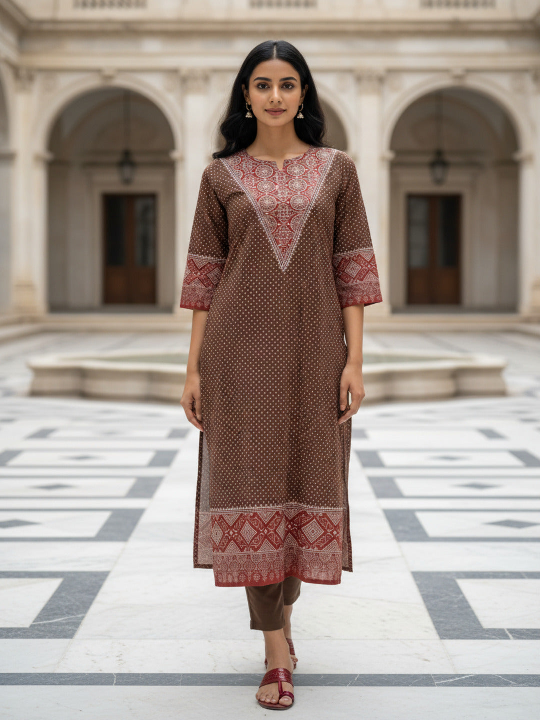Ajrakh Ethnic Printed Mirror Work & Sequin Straight Kurta - Brown