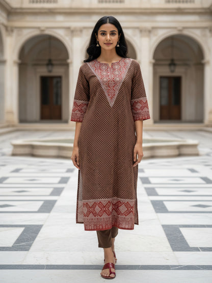 Ajrakh Ethnic Printed Mirror Work & Sequin Straight Kurta - Brown