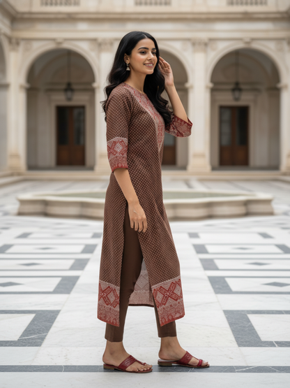 Ajrakh Ethnic Printed Mirror Work & Sequin Straight Kurta - Brown