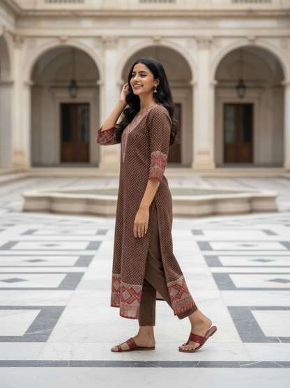 Ajrakh Ethnic Printed Mirror Work & Sequin Straight Kurta - Brown