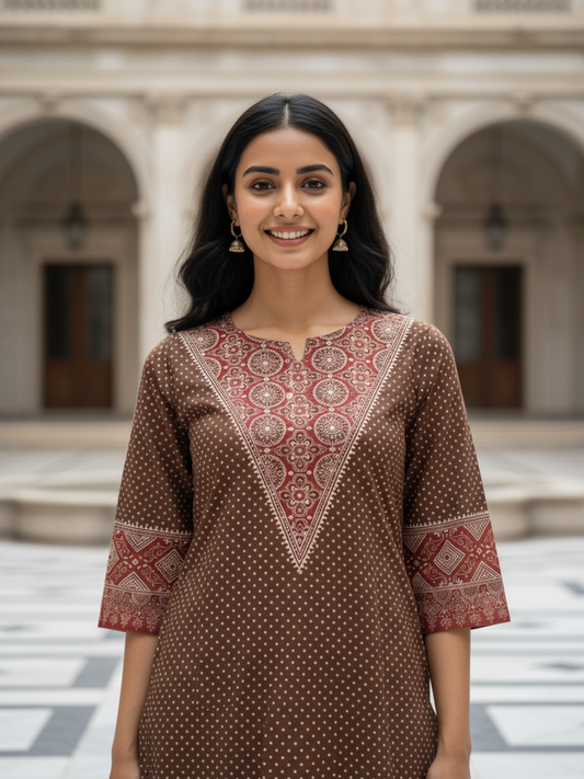 Ajrakh Ethnic Printed Mirror Work & Sequin Straight Kurta - Brown