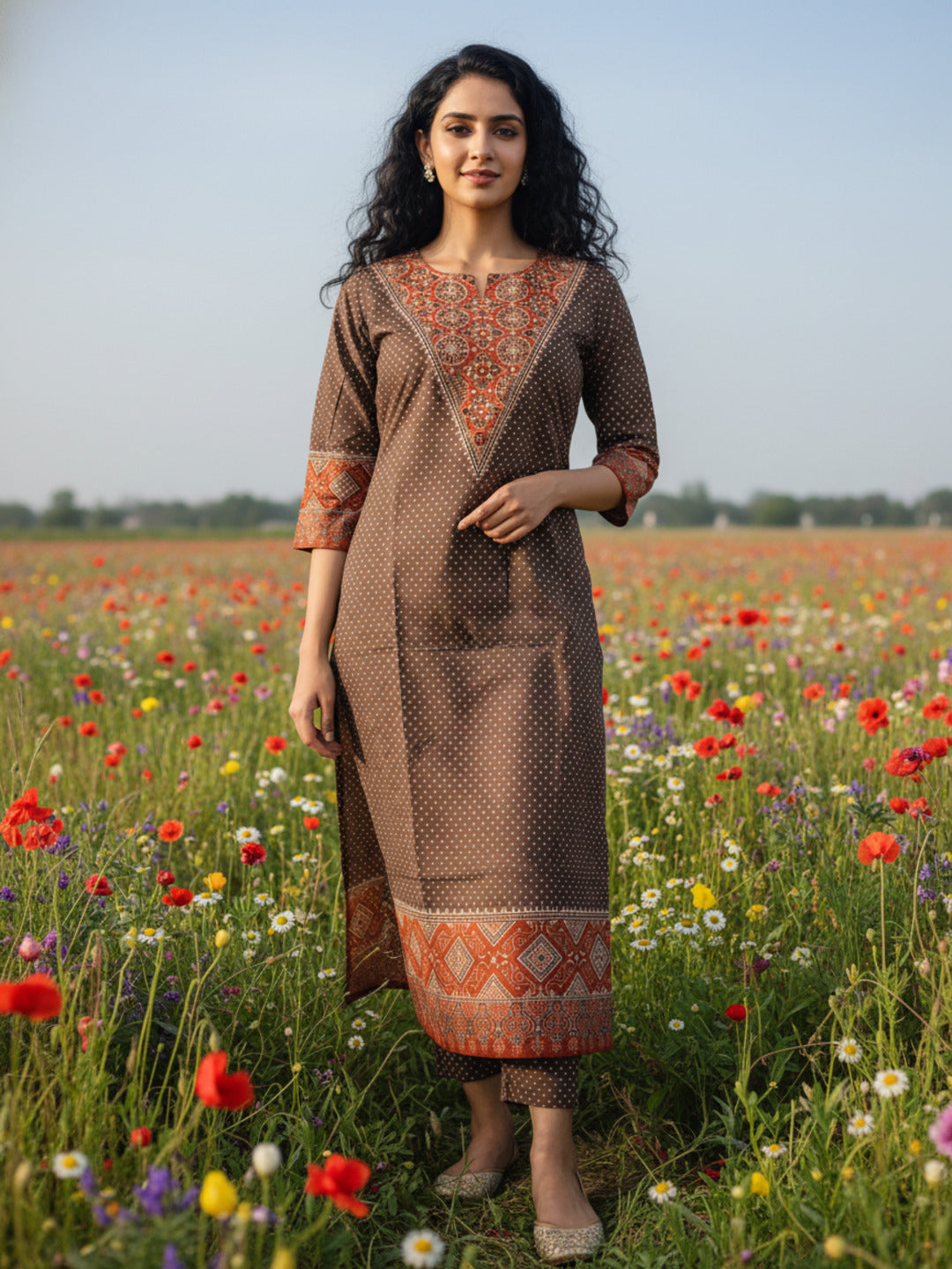 Ajrak Ethnic Printed Mirror Work & Sequin Straight Kurta - Brown