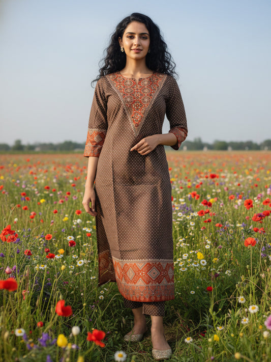Ajrak Ethnic Printed Mirror Work & Sequin Straight Kurta - Brown