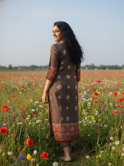 Ajrak Ethnic Printed Mirror Work & Sequin Straight Kurta - Brown