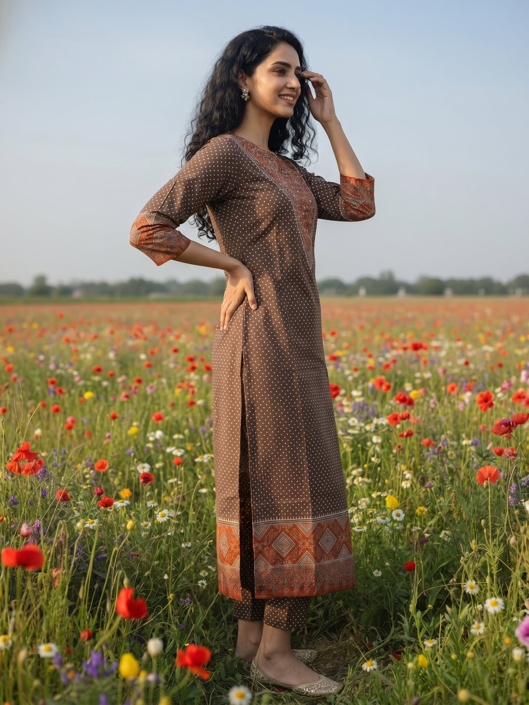 Ajrak Ethnic Printed Mirror Work & Sequin Straight Kurta - Brown