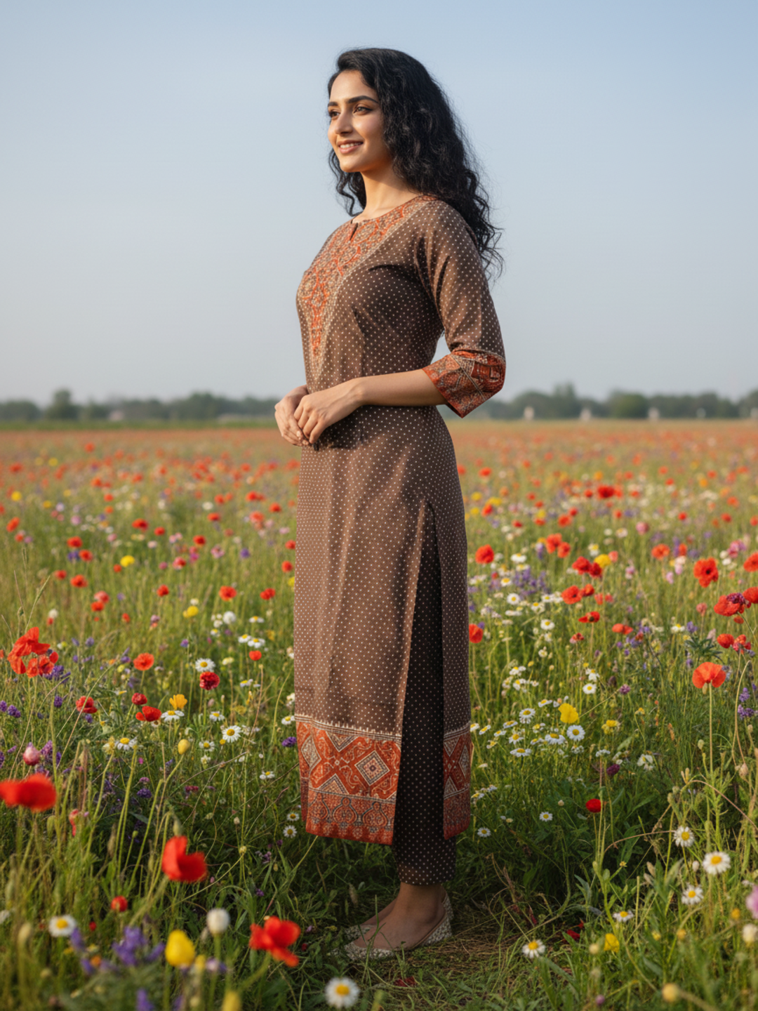 Ajrak Ethnic Printed Mirror Work & Sequin Straight Kurta - Brown