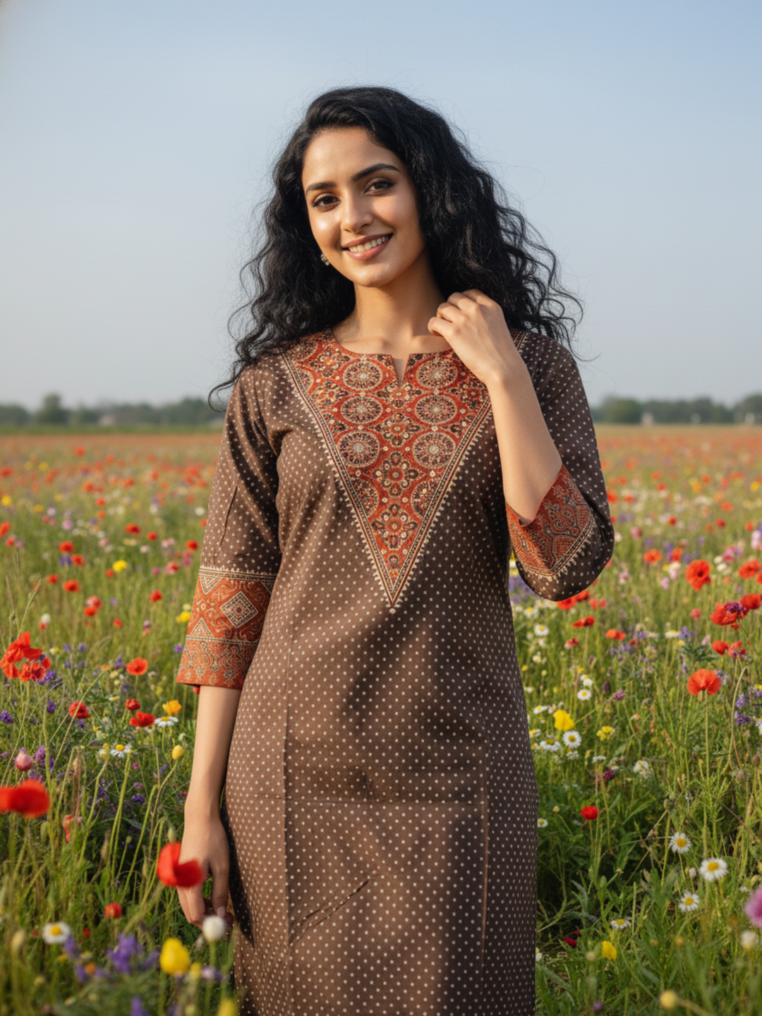 Ajrak Ethnic Printed Mirror Work & Sequin Straight Kurta - Brown