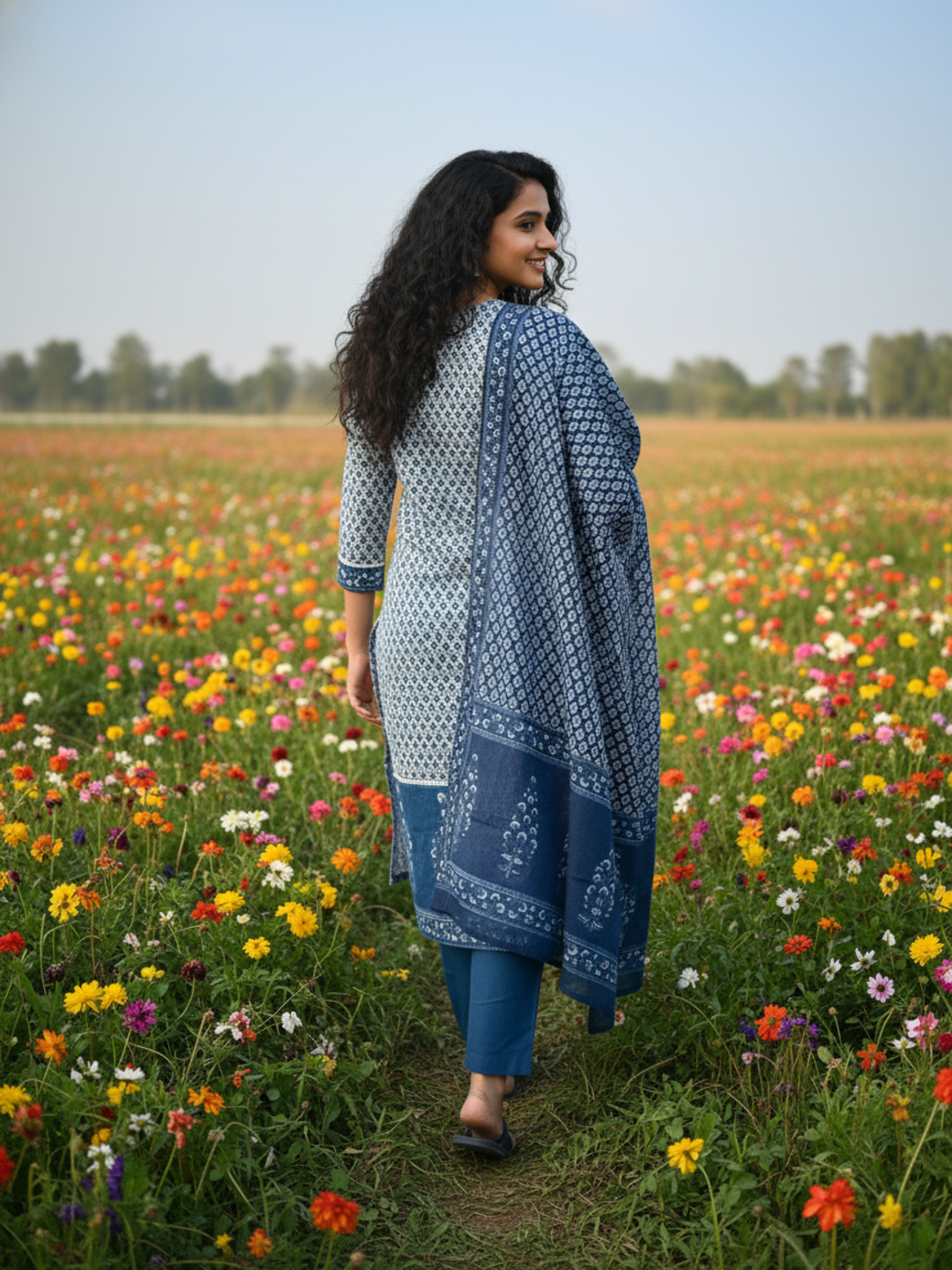 Ethnic Bootie Print Straight Kurta with Pant & Dupatta - Indigo Blue