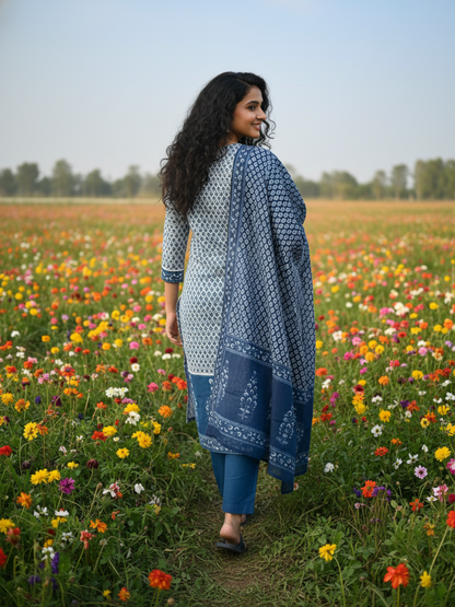 Ethnic Bootie Print Straight Kurta with Pant & Dupatta - Indigo Blue