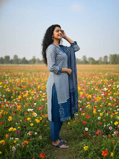 Ethnic Bootie Print Straight Kurta with Pant & Dupatta - Indigo Blue