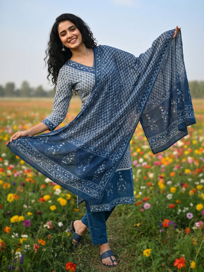 Ethnic Bootie Print Straight Kurta with Pant & Dupatta - Indigo Blue