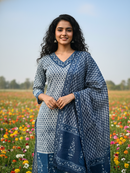 Ethnic Bootie Print Straight Kurta with Pant & Dupatta - Indigo Blue