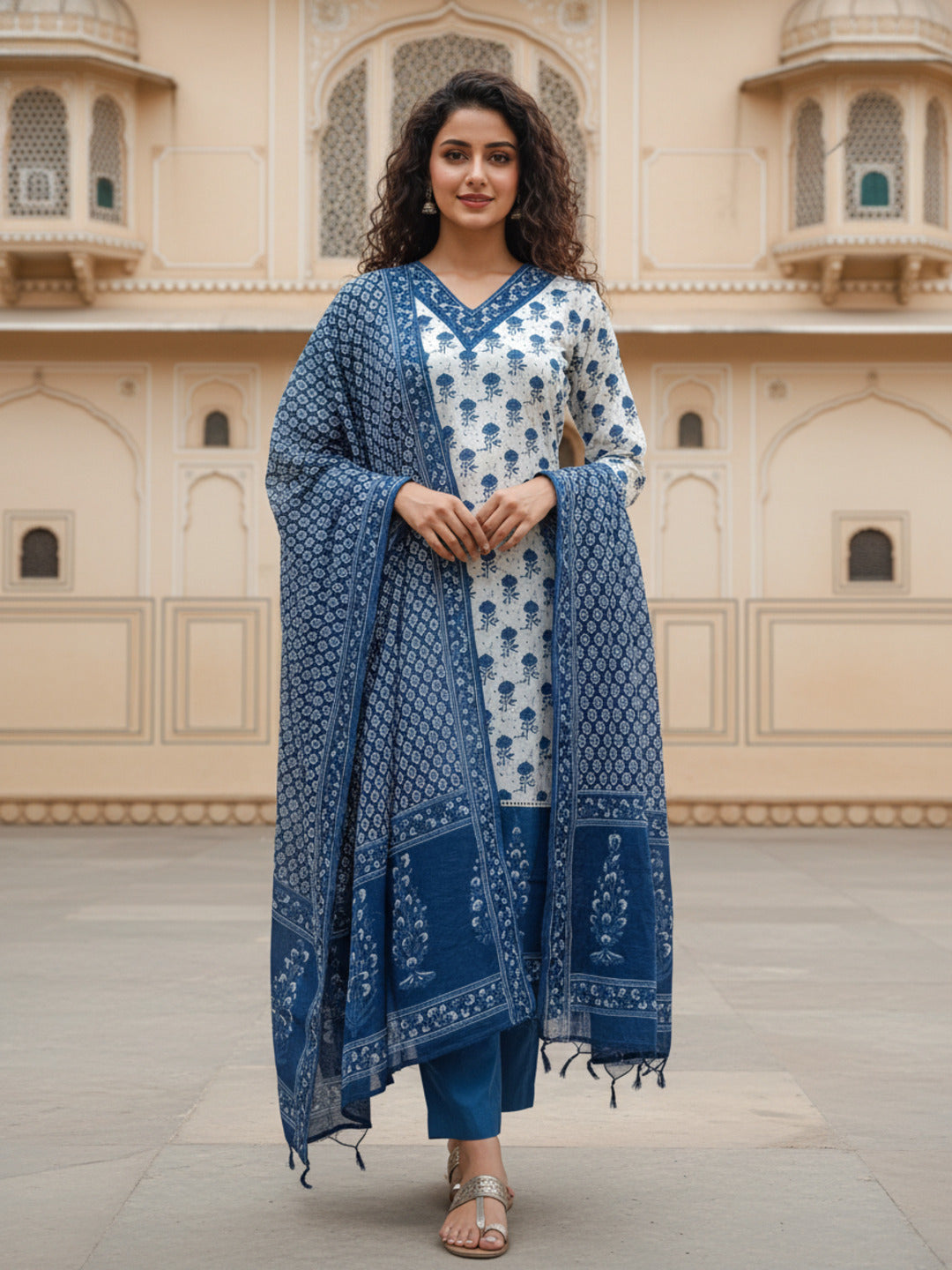 Bootie Print Straight Kurta with Pant & Printed Voile Dupatta - Off White & Blue