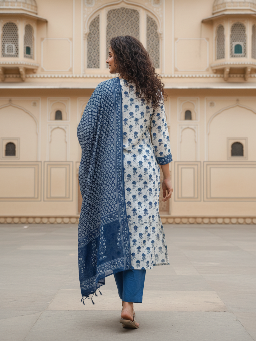 Bootie Print Straight Kurta with Pant & Printed Voile Dupatta - Off White & Blue