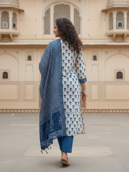 Bootie Print Straight Kurta with Pant & Printed Voile Dupatta - Off White & Blue