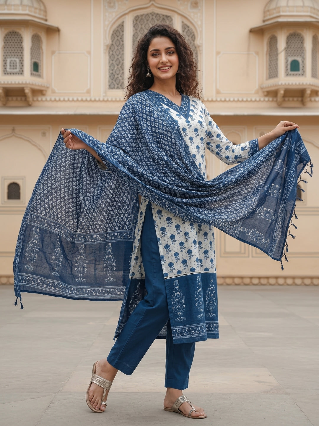 Bootie Print Straight Kurta with Pant & Printed Voile Dupatta - Off White & Blue