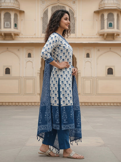 Bootie Print Straight Kurta with Pant & Printed Voile Dupatta - Off White & Blue