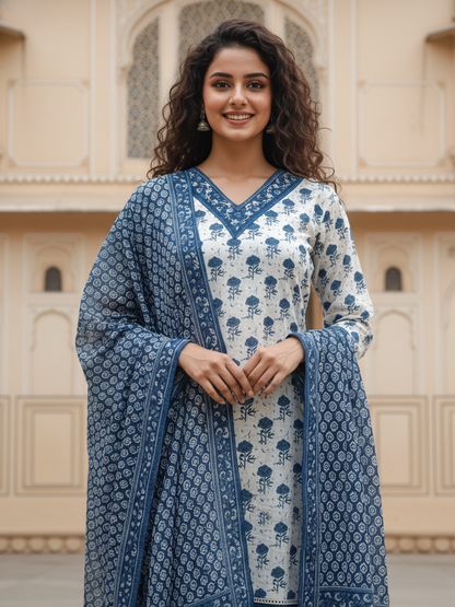 Bootie Print Straight Kurta with Pant & Printed Voile Dupatta - Off White & Blue