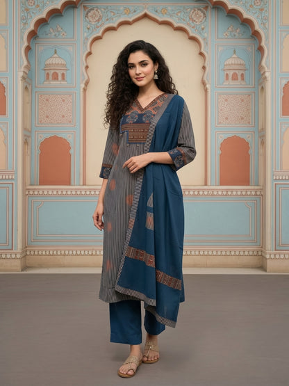 Stripe Print Straight Kurta with Pyjama & Solid Voile Dupatta - Blue