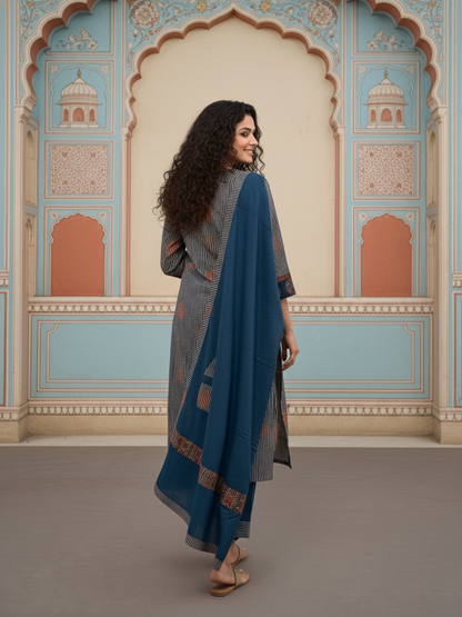 Stripe Print Straight Kurta with Pyjama & Solid Voile Dupatta - Blue