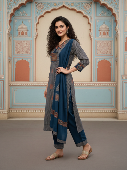 Stripe Print Straight Kurta with Pyjama & Solid Voile Dupatta - Blue
