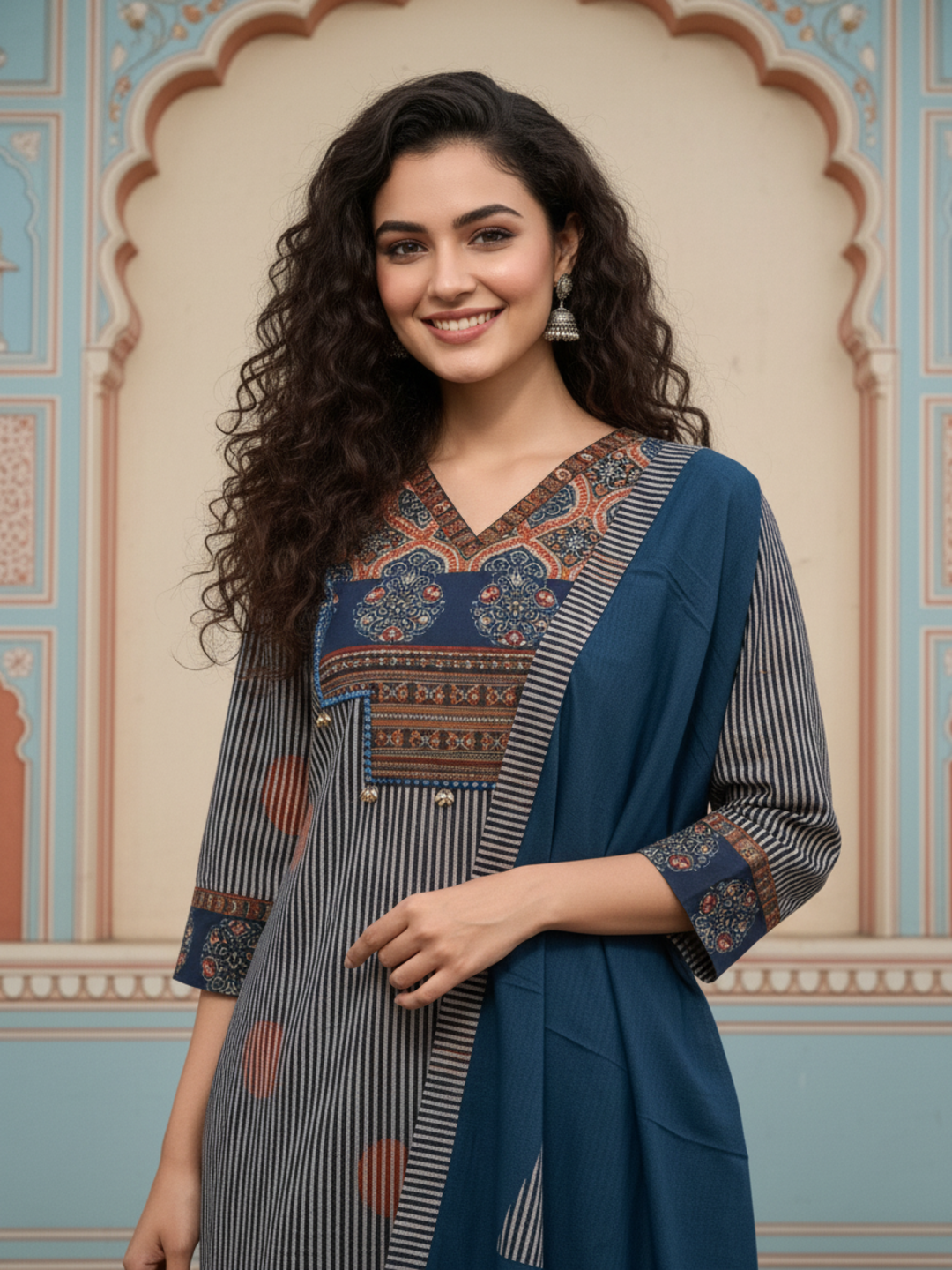 Stripe Print Straight Kurta with Pyjama & Solid Voile Dupatta - Blue