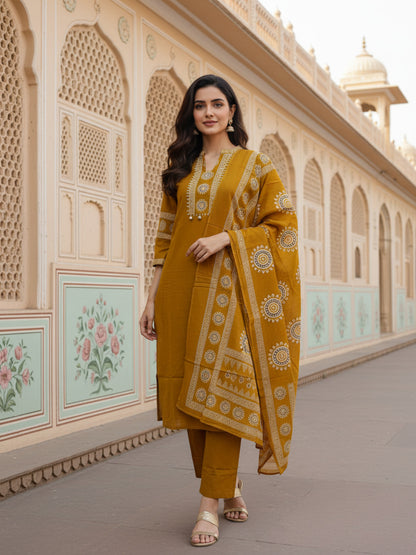 Solid Cotton Straight Kurta with Pyjama & Printed Voile Dupatta - Mustard