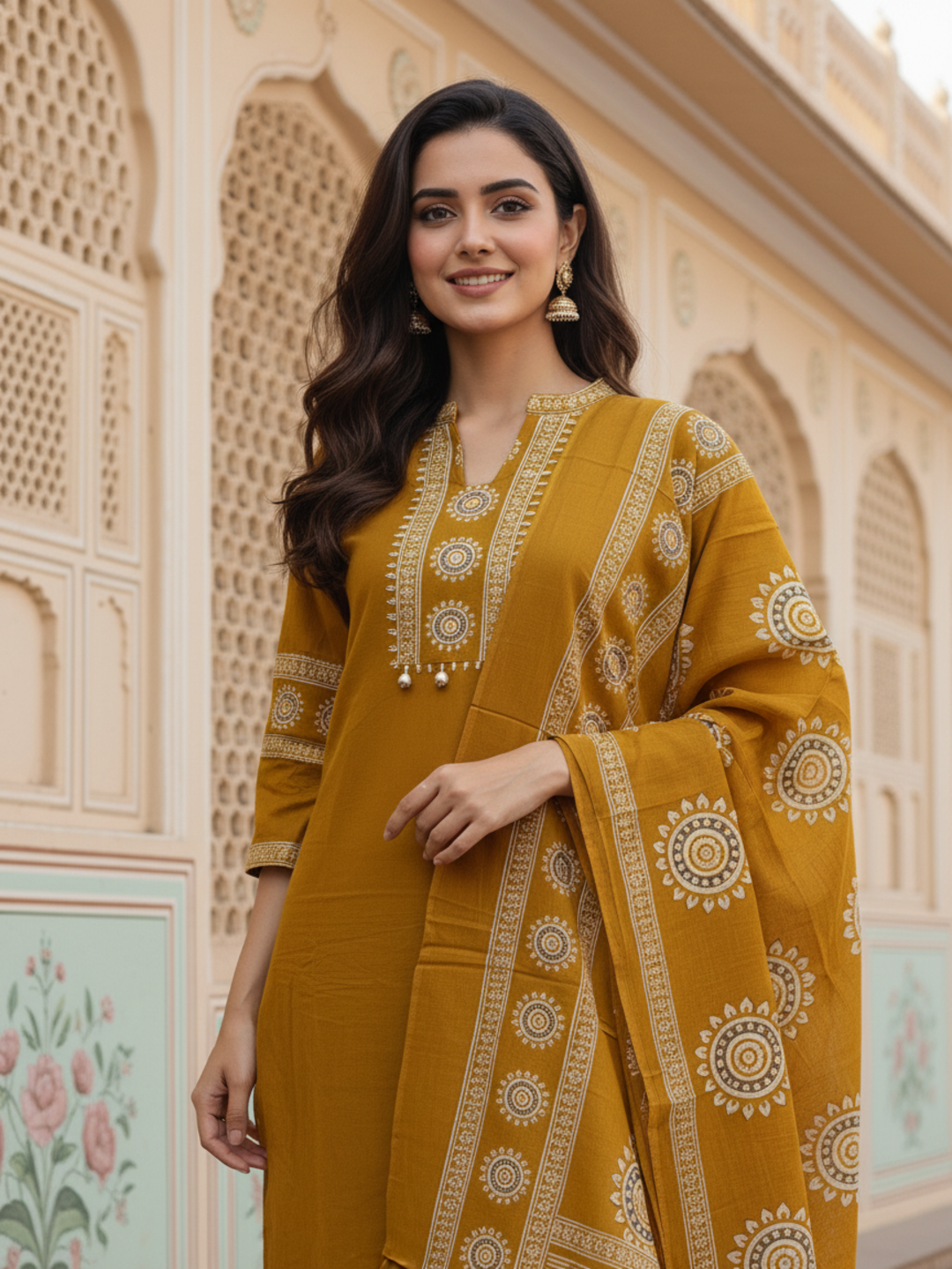 Solid Cotton Straight Kurta with Pyjama & Printed Voile Dupatta - Mustard