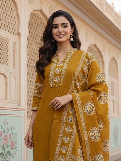 Solid Cotton Straight Kurta with Pyjama & Printed Voile Dupatta - Mustard