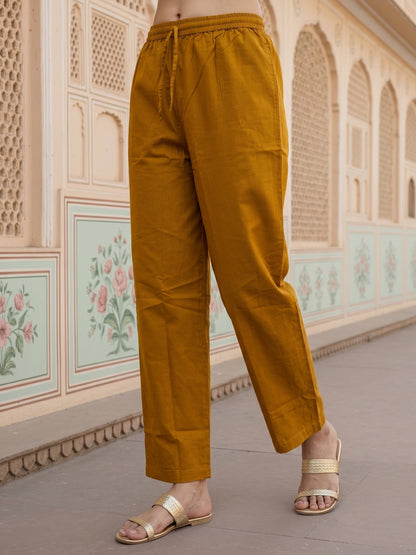 Solid Cotton Straight Kurta with Pyjama & Printed Voile Dupatta - Mustard