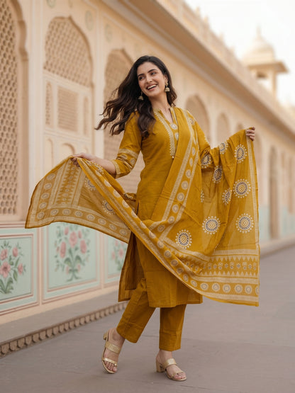Solid Cotton Straight Kurta with Pyjama & Printed Voile Dupatta - Mustard