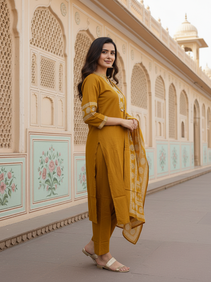 Solid Cotton Straight Kurta with Pyjama & Printed Voile Dupatta - Mustard