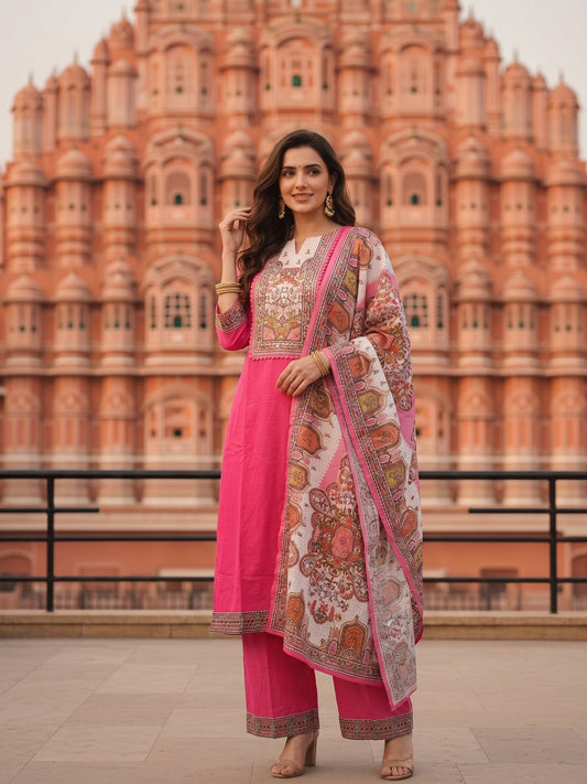 Solid Mirror Work & Sequin Straight Kurta with Palazzo & Dupatta - Pink