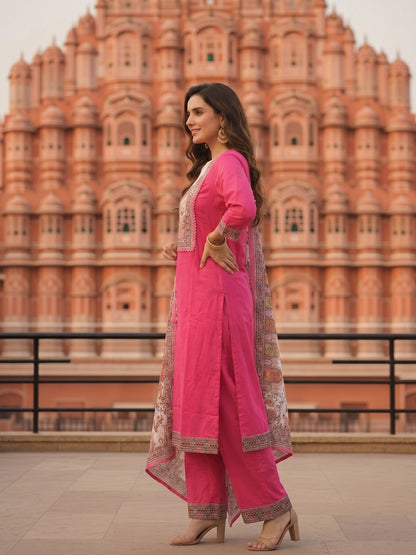 Solid Mirror Work & Sequin Straight Kurta with Palazzo & Dupatta - Pink