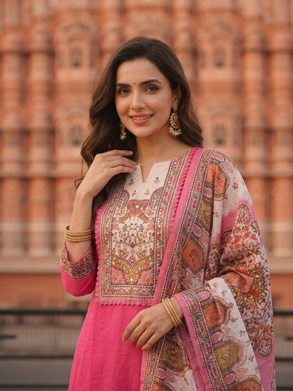 Solid Mirror Work & Sequin Straight Kurta with Palazzo & Dupatta - Pink