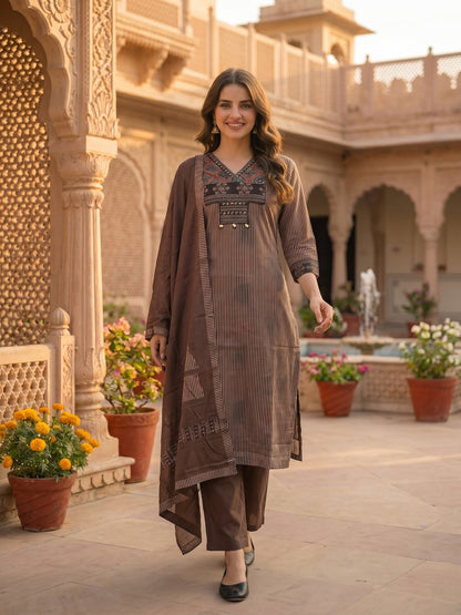 Stripe Print Straight Kurta with Pyjama & Solid Voile Dupatta - Brown