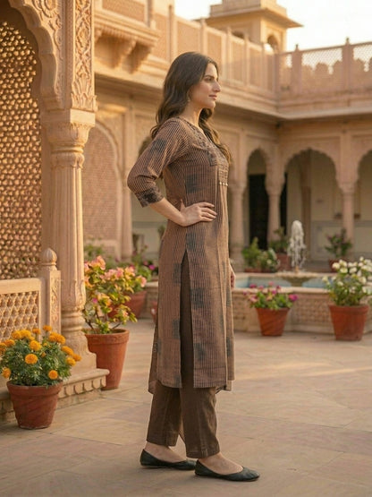 Stripe Print Straight Kurta with Pyjama & Solid Voile Dupatta - Brown