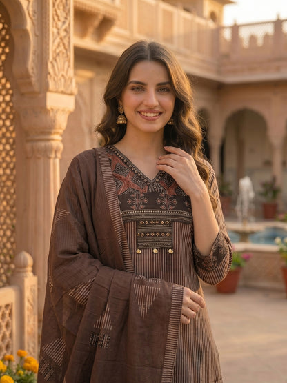 Stripe Print Straight Kurta with Pyjama & Solid Voile Dupatta - Brown