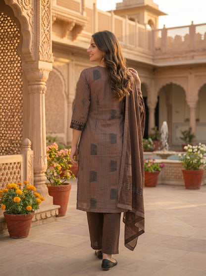 Stripe Print Straight Kurta with Pyjama & Solid Voile Dupatta - Brown