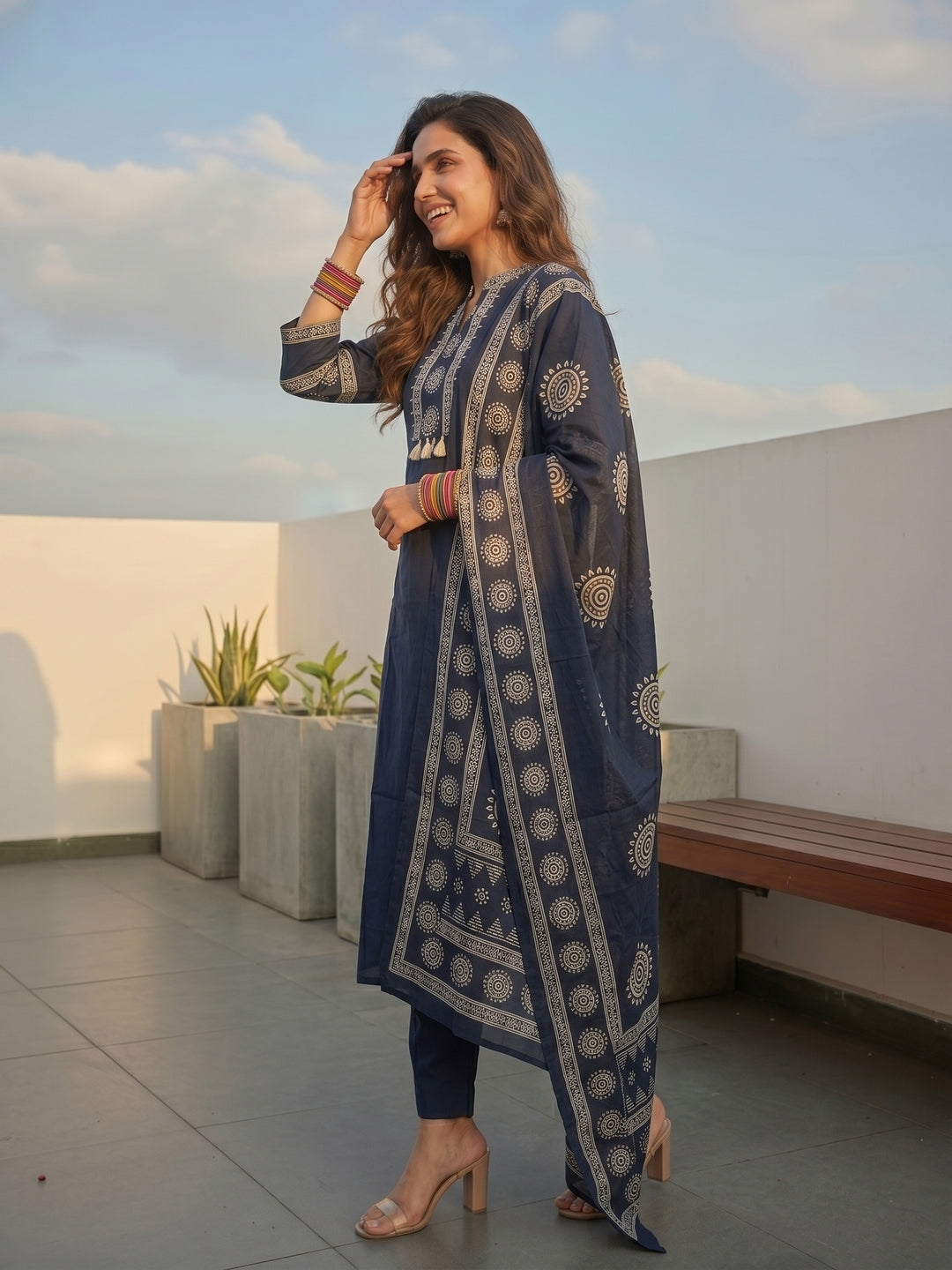 Solid Cotton Straight Kurta with Pyjama & Printed Voile Dupatta - Navy Blue